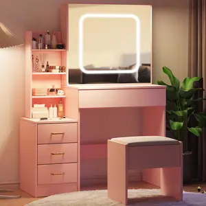 Pink Makeup Vanity Desk with Sliding LED Mirror 3 Color Adjustable Light Power Outlet Cushioned Stool 4 Drawers Storage Shelves Vanity Dressing Table Set for Bedroom
