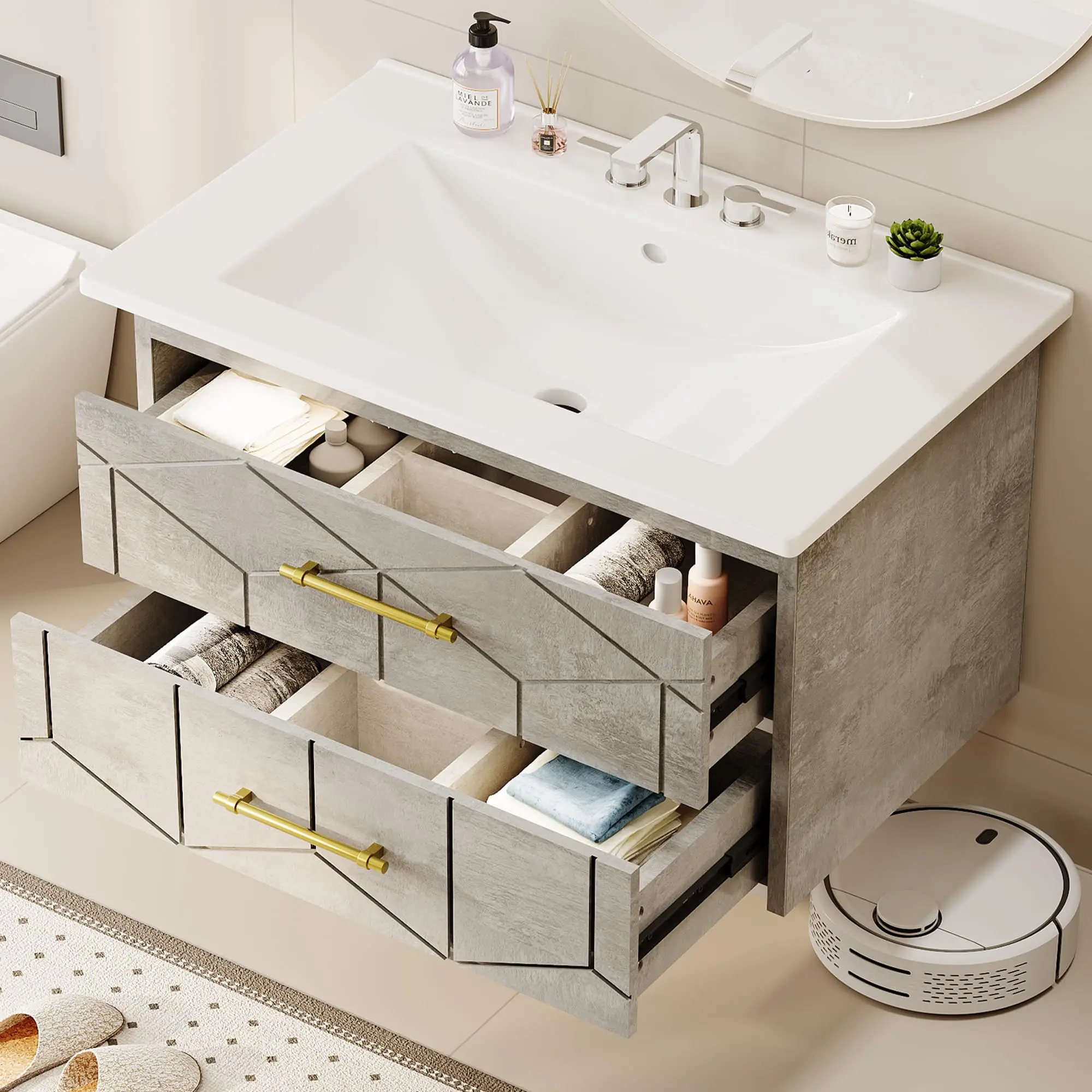 Floating Bathroom Vanity with Sink Combo, Ceramic Basin Vanity Cabinet with 2 Large Drawers, Gold Handle & Soft-Close Design, Easy Assembly