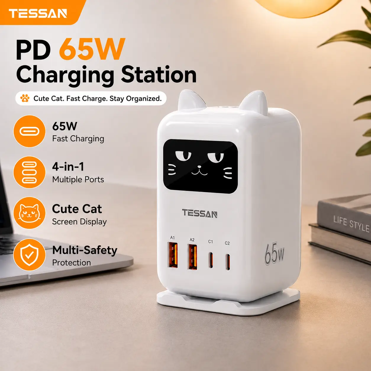 Tessan PD 65W Magic Cat USB Charging Station for Multiple Devices, Desktop Tower Cat-Shaped Charging Companion with 4 USB Ports for Smartphones, Tablets, Pads and Other Electronic Devices in Office Home Dormroom