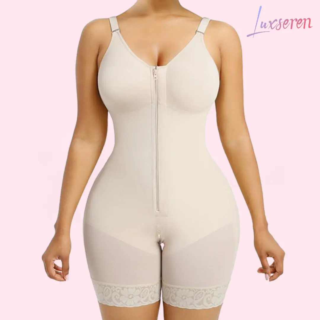 LUXSEREN Women's Colombian Shapewear Bodysuit Dress - Full Body Shaper, Front Zipper, Short Length, Tummy Control, Butt Lifter, Adjustable Straps Bra, Compression Fabric, All-Day Comfort & Support, Body Confidence, Casual, Wedding, Scoop Neck, Boy Shorts