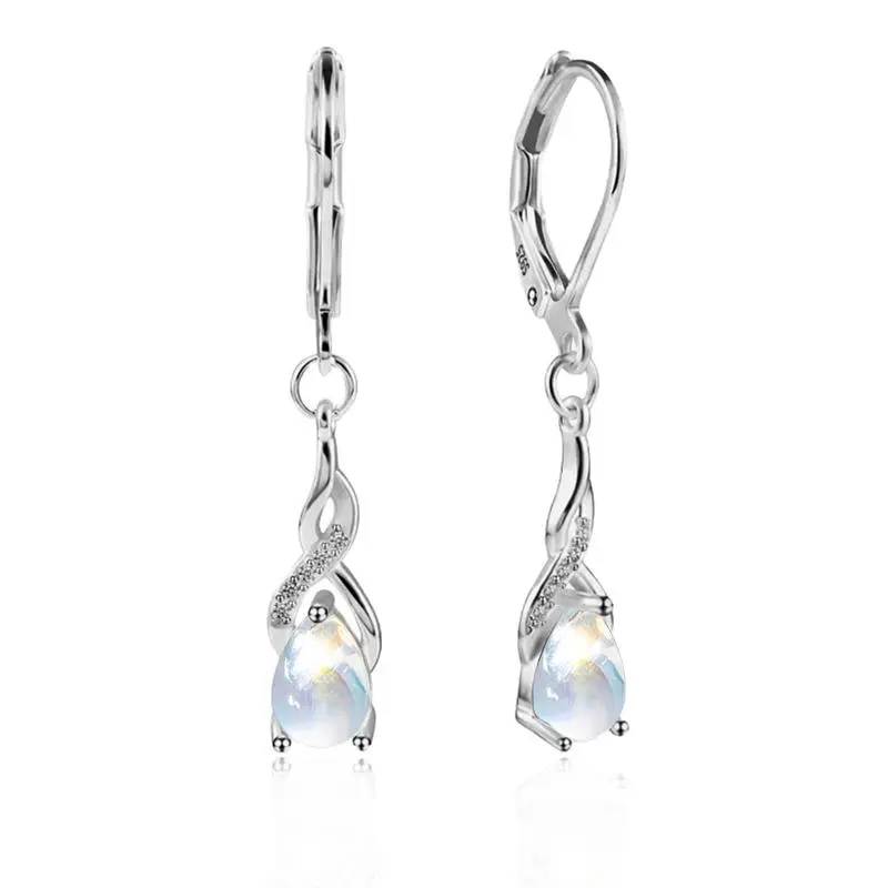Women's S925 Sterling Silver Dangle Earrings - High Quality Aesthetic Teardrop Moonstone with Twisted Cubic Zirconia Accents, Leverback Statement Jewelry, Elegant Romantic All Seasons Daily Wear, High Quality Earrings