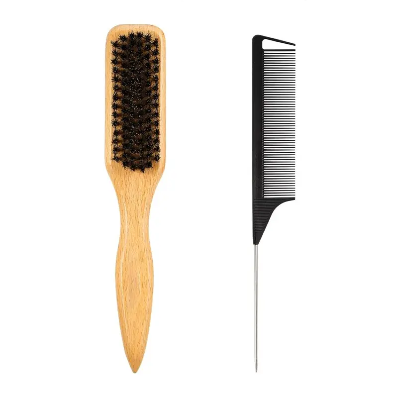 Boar Bristle Slick Back Hair Brush, Haircare Brush for Smooth Flyaways, Frizz Control, Sleek Ponytail & Buns, Teasing Tool for Women, Gel Comb Styling Accessory, Hair Styling Combs, Slickback Brush