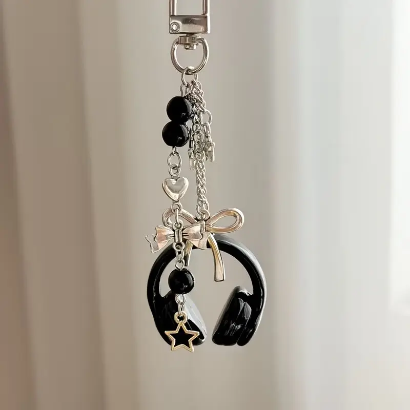 2PCS Cute Creative 3D Beaded Earphone Keychain For Bags Phone Strap Pendant Backpack Hanging Decoration Accessory Ideal Gift for Friends Besties Family