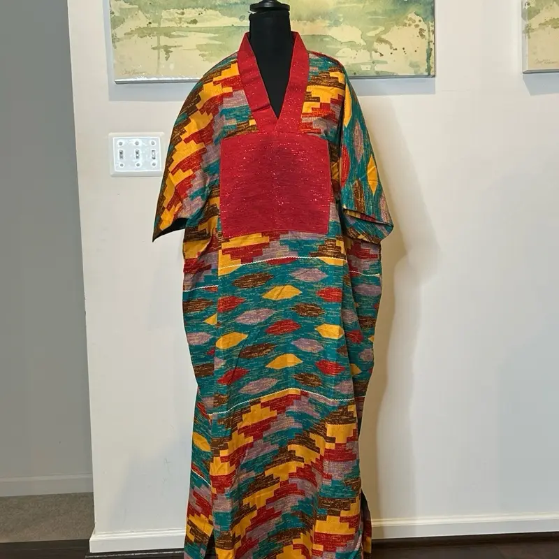 Handmade Women's Kaftan Dress Trimmed with red Kente Fabric Featuring Colorful Patchwork Design Womenswear Casual