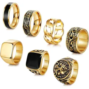 7Pcs Stainless Steel Vintage Signet Rings for Men Square Signet Rings Cuban Link Chain Ring Pinky Thumb Celtic Band Spinner Ring Silver Gold Polished Edge Mens Ring Biker Rings Set,Size 8-13