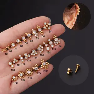 5 pairs Stainless steel welded ball with zircon hypoallergenic 1.2*6/8mm internal thread lip stud earrings piercing jewelry punk piercing jewelry