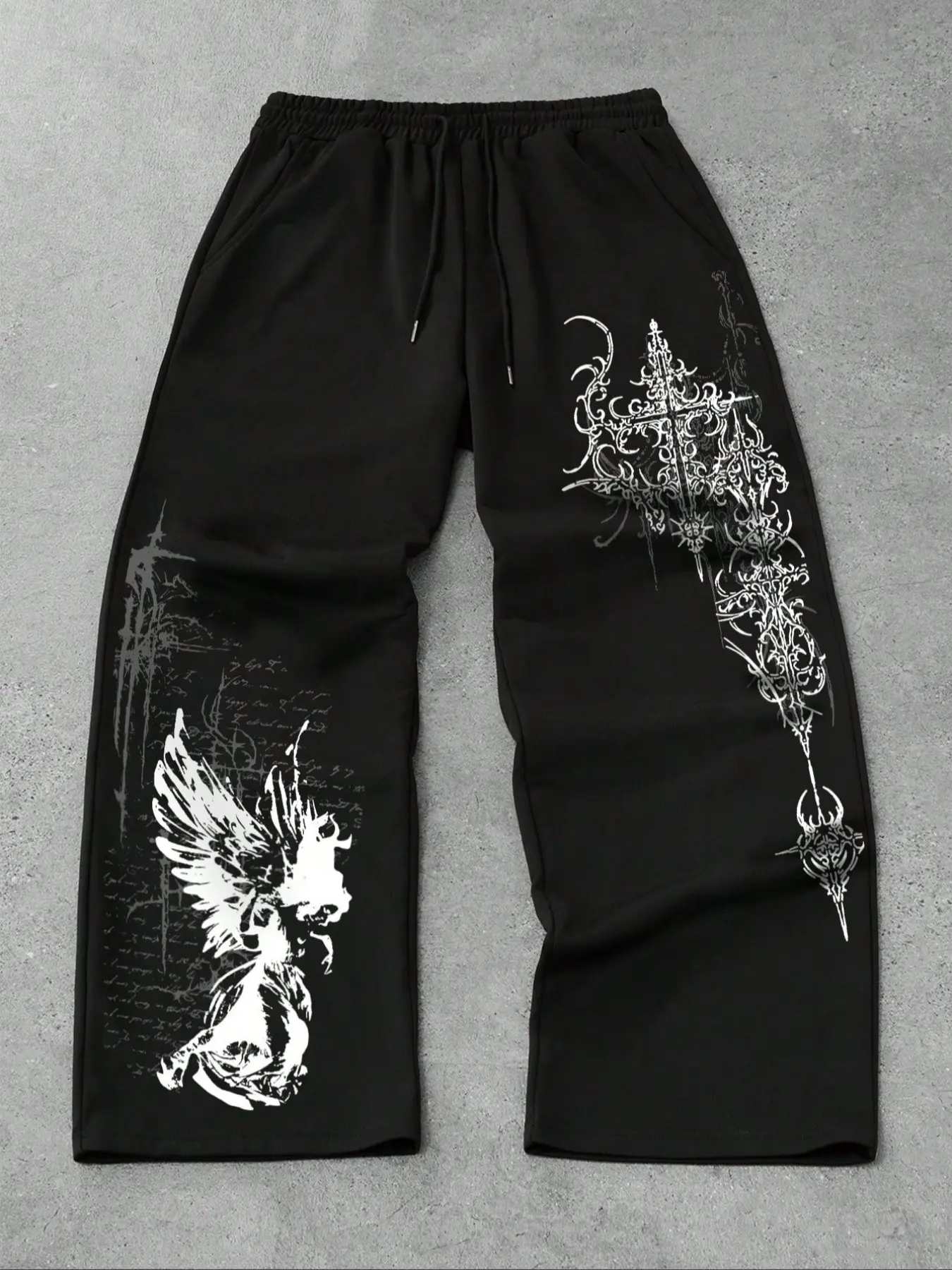 Unisex design, Gothic style, Gothic runes and angel motifs, summer lightweight straight-leg Casual trousers with a relaxed fit, suitable for streetwear, Gothic culture, Gothic fashion, casual wear, Casual fashion bottoms