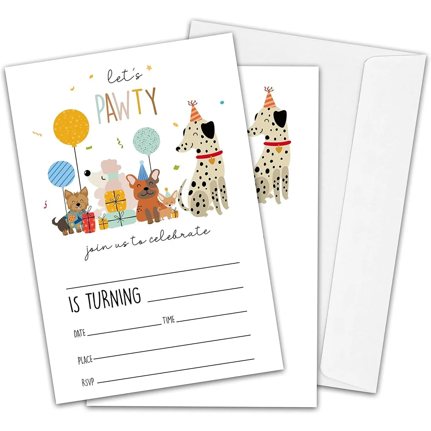 Dog Birthday Party Invitations, Let's Pawty Theme Fill-in Cards with Prints - 4"x6" Double-Sided, 20 Count with Envelopes, Puppy Party Supplies Decorations-C05, 20 Invitations And Envelopes