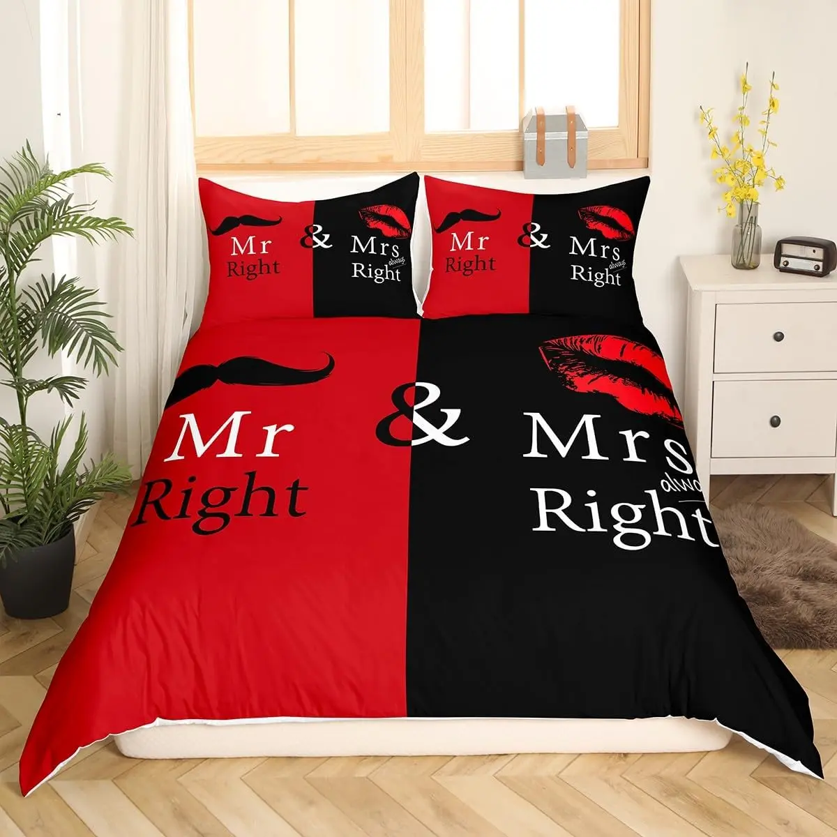 Feelyou Soft Microfibre Polyester Duvet Cover Set - Multi-Size Fits Queen & King Bedding, Black-Red 3D Mustache-Lips Mr & Mrs Print, White Funny Couple Quote, Zipper Closure, Machine Washable Breathable Valentine's Day Decor (Turn Inside Out for Care)