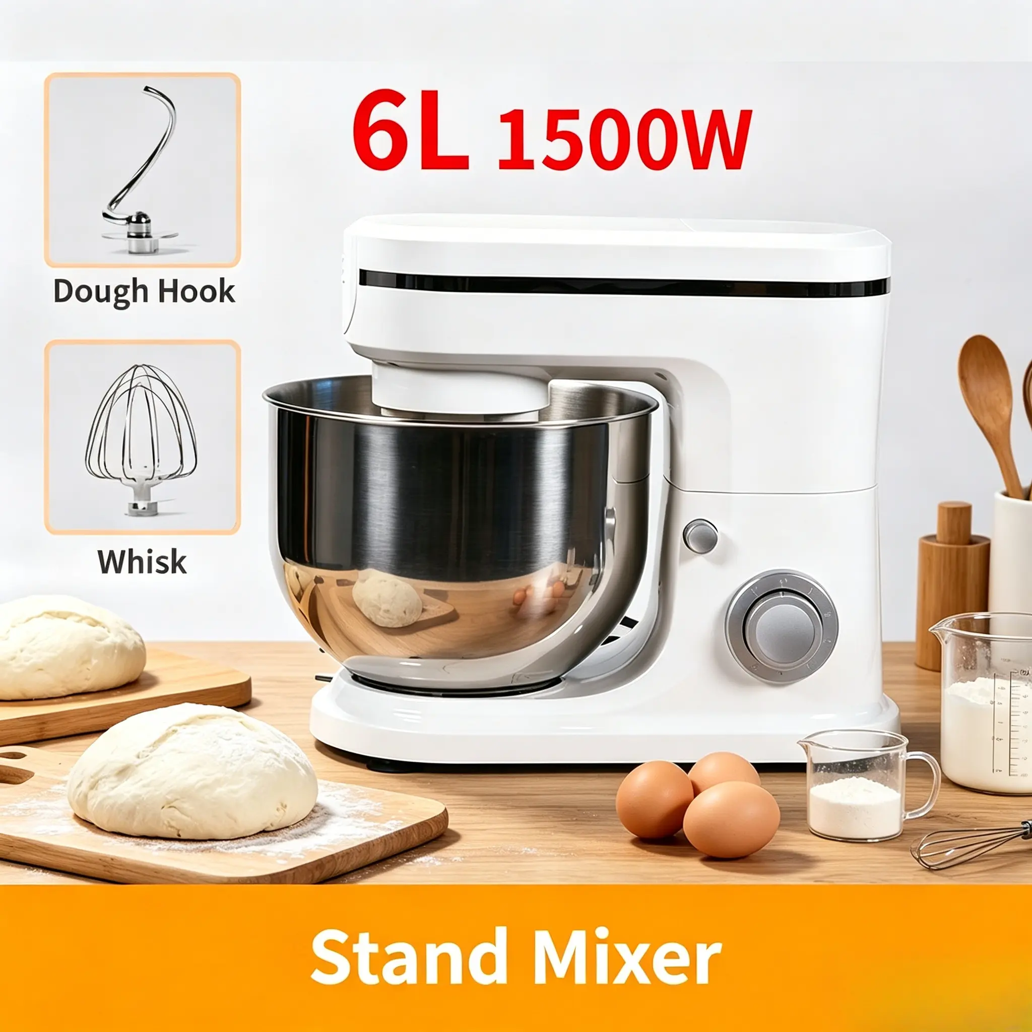 1pcs Commercial-Grade 6L Planetary Chef Food Mixer - Compact Countertop Dough Kneader for Commercial Kitchens, Cafes, Bakeries, with Dough Hook, Multi-Speed, Cream Filling & Egg Mixing Functions, Durable Design, Adjustable Speed