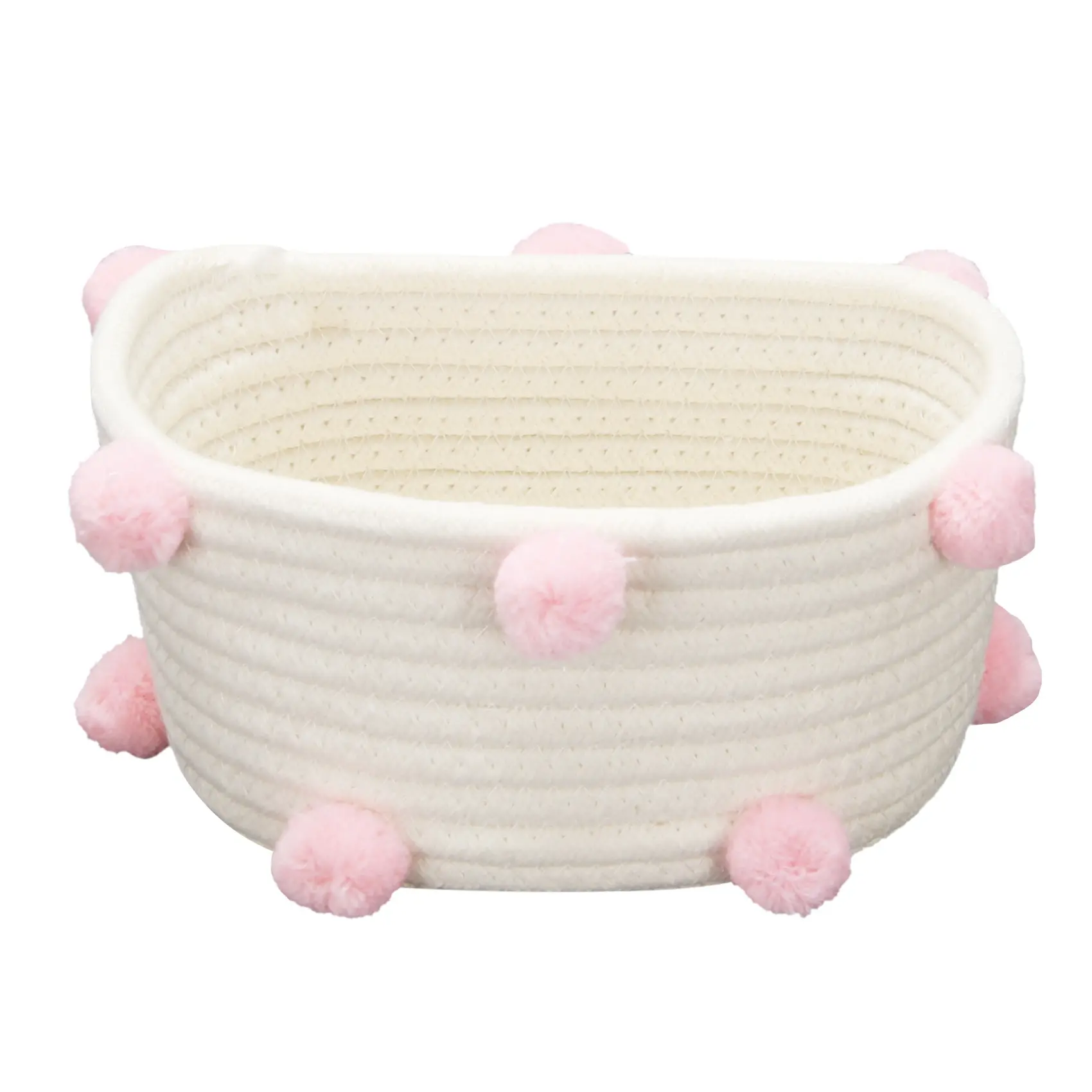 Eco-Friendly Small Pink Cotton Woven Storage Basket - 17x14x9cm, Cute Pompom Decor, Nordic-Style Household Organizer for Sundries, Cosmetics, Props