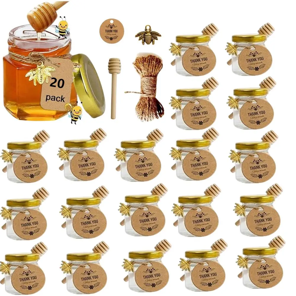 20 Pack 1.5 oz Mini Glass Honey Jars (Glass Mason Jars/Bottles) with Wooden Dippers, Gold Lids, Bee Pendants, Rope & Ribbon Accents for Wedding Party Favors, Decorative Hanging Charms, Glass Mason Jar