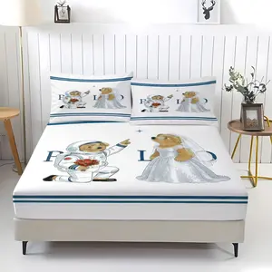 3 Piece Bear Pattern Fitted Sheet Set, Soft And Durable Bedding Set Includes 1 Piece Flat Sheet And 2 Pieces Pillowcases, Daily Holiday Birthday Gift Bedroom Decorations For Kids And Adults, Bed Sheet Sets