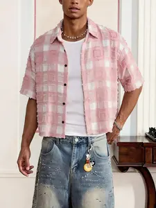 Men's Pink White Plaid Cropped Short Sleeve Shirt, Frayed Texture Collared Button Down Top, Casual Streetwear Summer Outfit