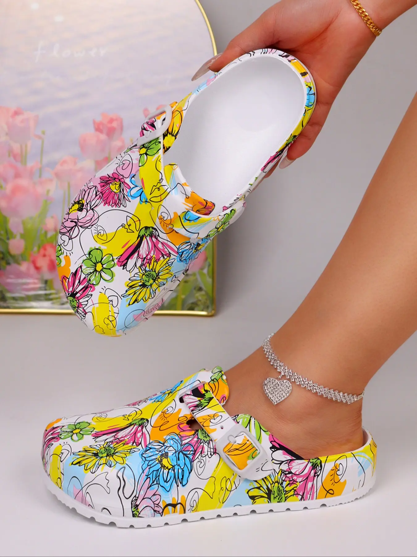 Women's Fashion Tie-Dye Floral Print Sandals, Eva Garden Shoes, Summer Non-Slip Work Shoes, Lightweight Flat Soft Sole Adjustable Buckle Toe Closed Summer Slippers
