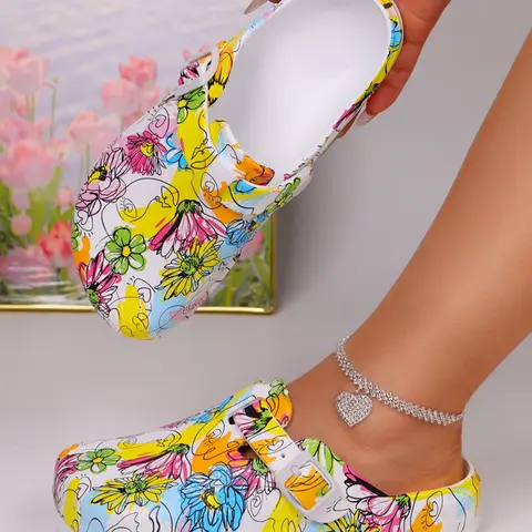 Women's Fashion Tie-Dye Floral Print Sandals, Eva Garden Shoes, Summer Non-Slip Work Shoes, Lightweight Flat Soft Sole Adjustable Buckle Toe Closed Summer Slippers, Elegant Slippers