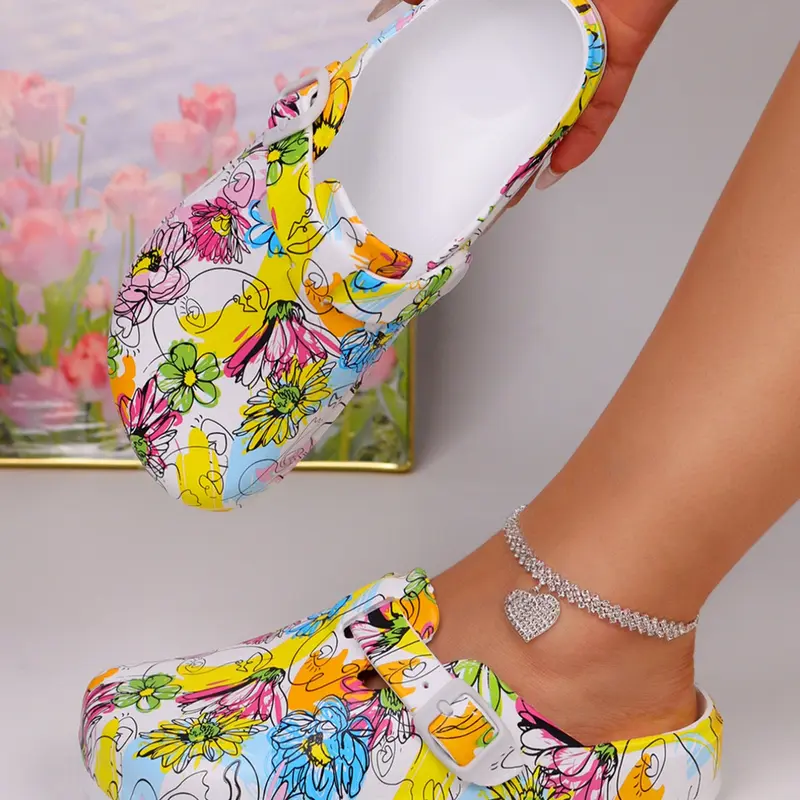 Women's Fashion Tie-Dye Floral Print Sandals, Eva Garden Shoes, Summer Non-Slip Work Shoes, Lightweight Flat Soft Sole Adjustable Buckle Toe Closed Summer Slippers, Elegant Slippers