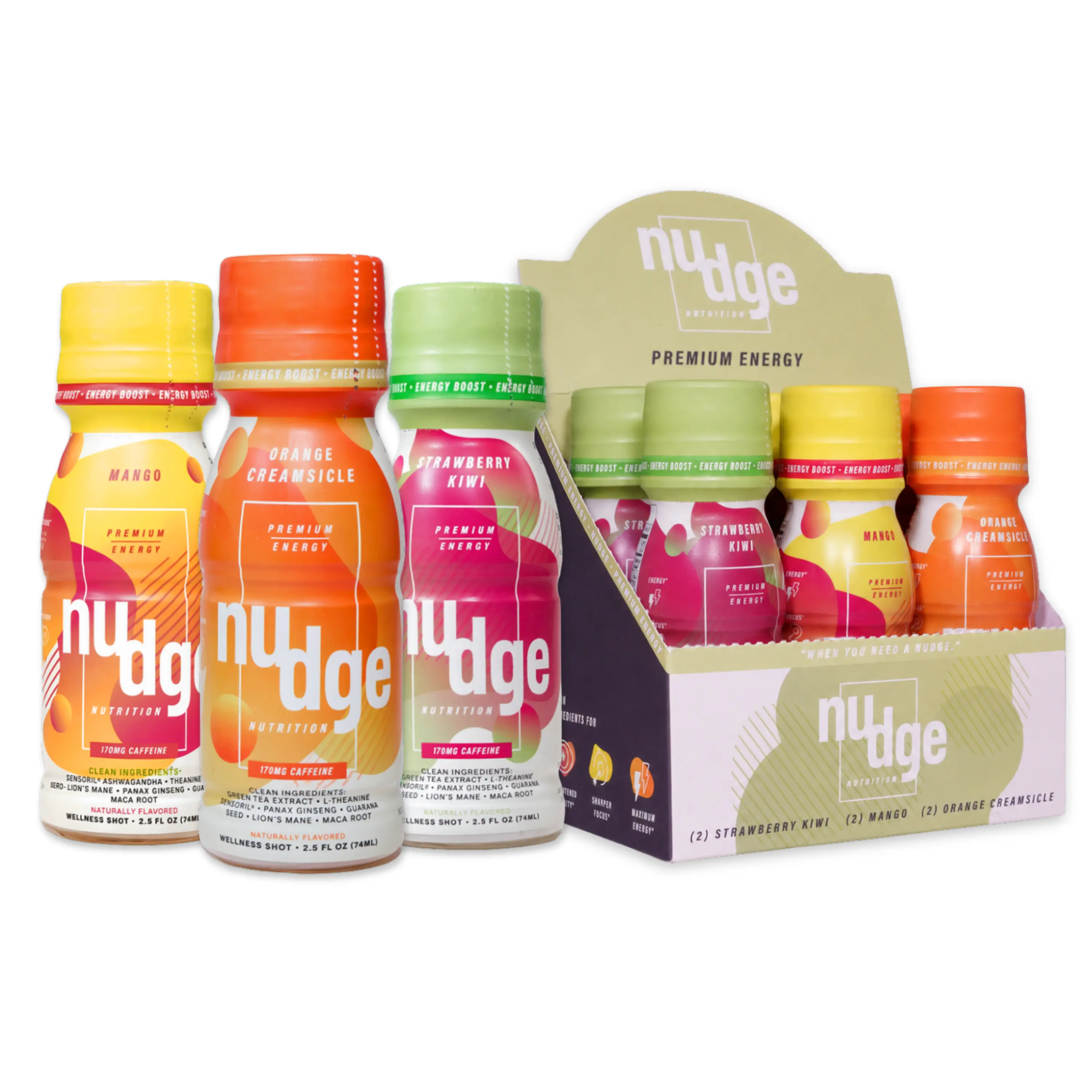 Nudge Nutrition Premium Energy Wellness Shots – Ditch the Crash & Jitters – 170mg Natural Caffeine, Lion's Mane, L-Theanine, Maca Root – Clean Ingredients, USA Made – 2.5 FL OZ – 6-Pack Drink