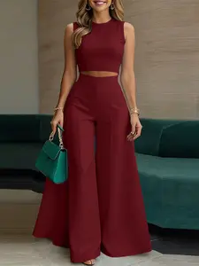 ZANZEA Women's Casual Set Suits, Womenswear Minimalist Round Neck Sleeveless Short Vest with Back Button Side Zipper + Waistband Wide Leg Pants, Ideal for Daily Clothes