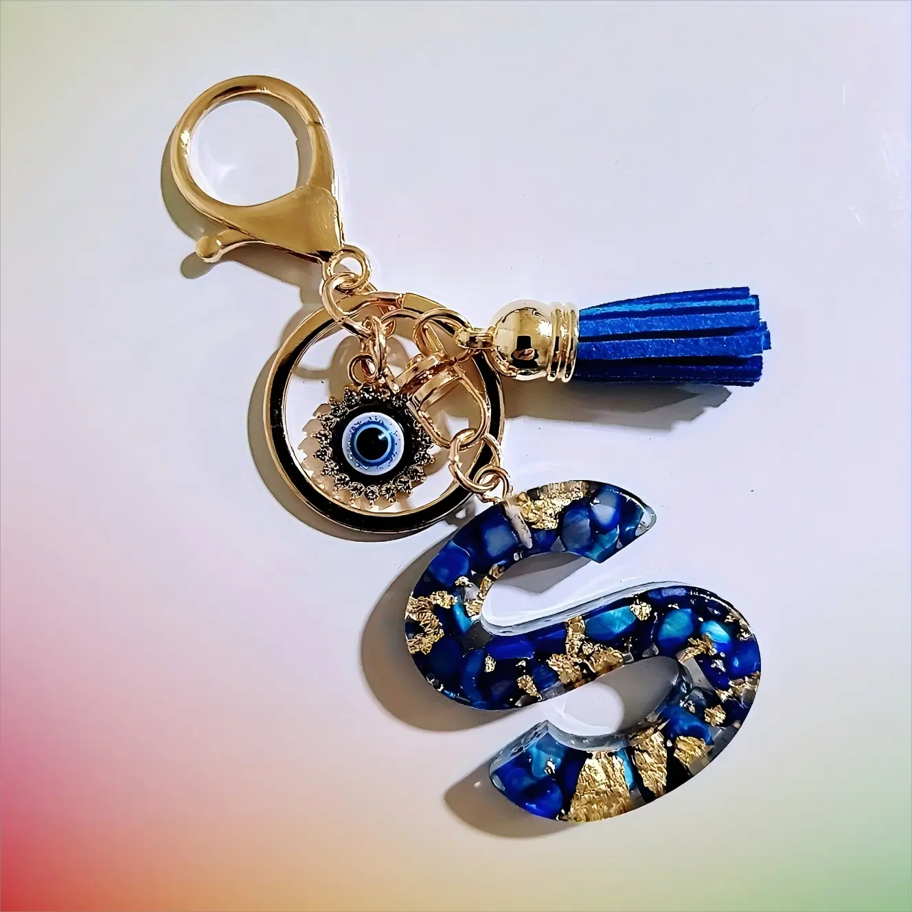 Blue Resin Letter Keychain with Evil Eye Charm and Tassel, Boho Mini Accessories for Your Purse, Bag and Wallet Pendant, Bag Accessories, Keychain For Car Keys