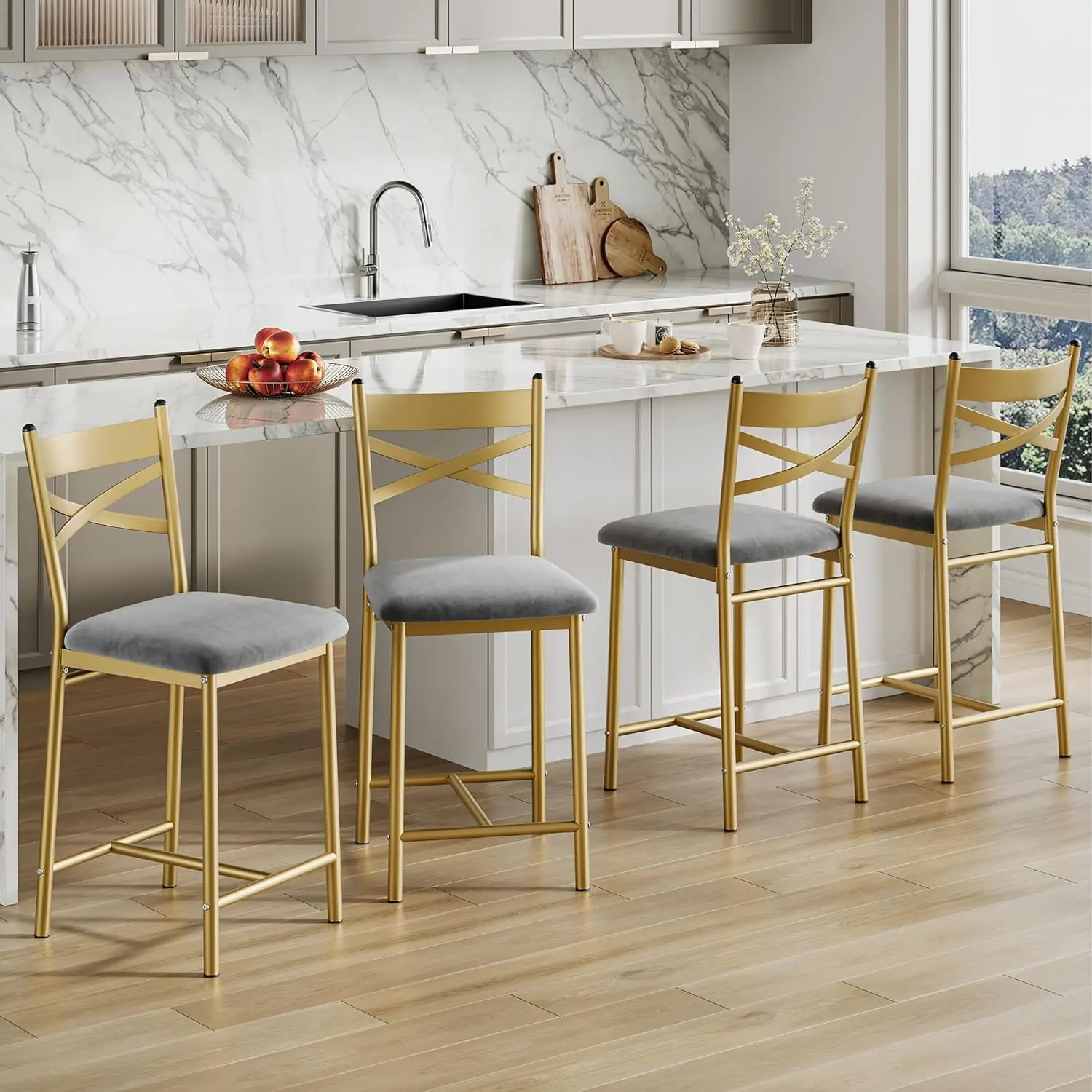 Gaomon Ergonomic Counter-Height Bar Stools (Set of 4) for Dining Room Interior, 16" Seat Width, MDF & Steel Frame, Waterproof PU Leather Upholstery, Curved Back, Thick Cushions, Scratch-Resist Coat, Quick Clean, Fast Setup, 300 lbs Capacity