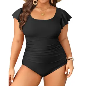Daci Plus Size One Piece Swimsuit - Women Tummy Control Bathing Suit Ruffle Vintage Swimwear with Sleeves