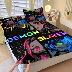 Demon Slayer Themed 3D Printed Fashion Fitted Sheet Set, Includes One Bed Cover and Two Pillowcases, Neon Anime Style Bedspread, Soft Breathable Anti-Slip Design for All Seasons