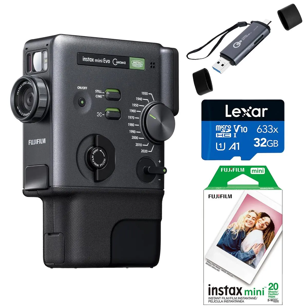 Fujifilm instax mini Evo Cinema Instant Camera - Button Controls, Interchangeable Lens, Film, Memory Card, Memory Card Reader