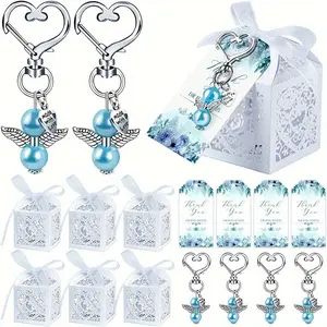 24 Sets Angel Keychain Baby Shower Favors 72Pcs Kit Pearl Charm Kraft Candy Box Thank You Tags for Guest Return Gift Baptism Gender Reveal