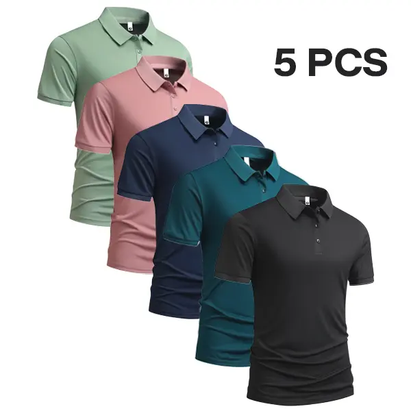 Men's 5-PCS Collared Neck Plain Casual Polo Shirts 5-Day Ready Set - Menswear, Single-Button, Slim-Fit Short-Sleeve, Multi-Soft Tone, Minimalist, Foldable Polyester, Ideal for Warm-Weather Daily Wear