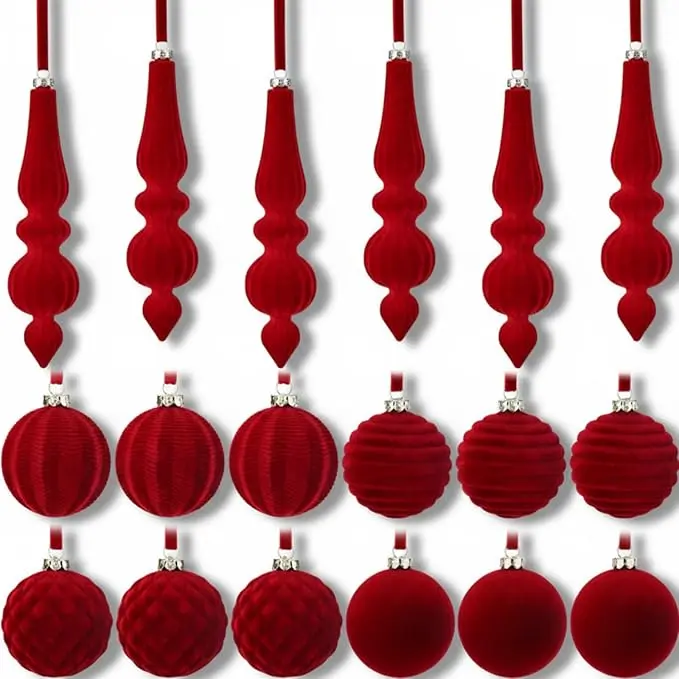 Velvet Retro Plastic Christmas Ornaments Set, Flocked Finial Tree Decor Pendants, Shatterproof Lightweight Balls for Xmas Tree, Garland, Wedding Ceiling Chandelier Assorted Decor, Round