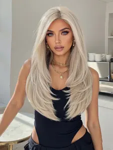 13x6 HD Glueless Lace Wig 22" Straight Layered | Platinum Blonde Heat Resistant Synthetic Wig Breathable Cap Glueless HD Wigs