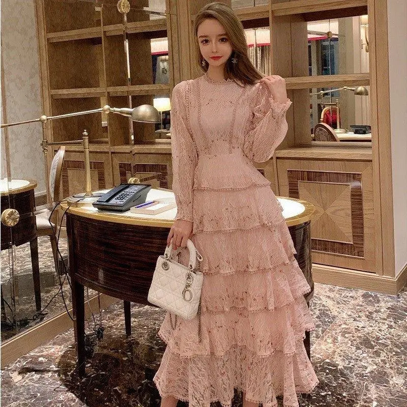 Lace Embroidery Dress for Women, an Elegant Long Sleeve Gown in a Chic Drape Fabric for Casual Weddings & Parties, Lace Fabric
