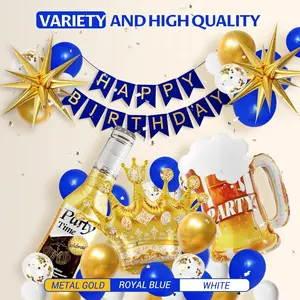 121pcs Royal Blue Gold Birthday Party Decorations with Happy Birthday Banner Foil Balloons for 16th 18th 21st 24th 32th 40th 50th 60th Birthday