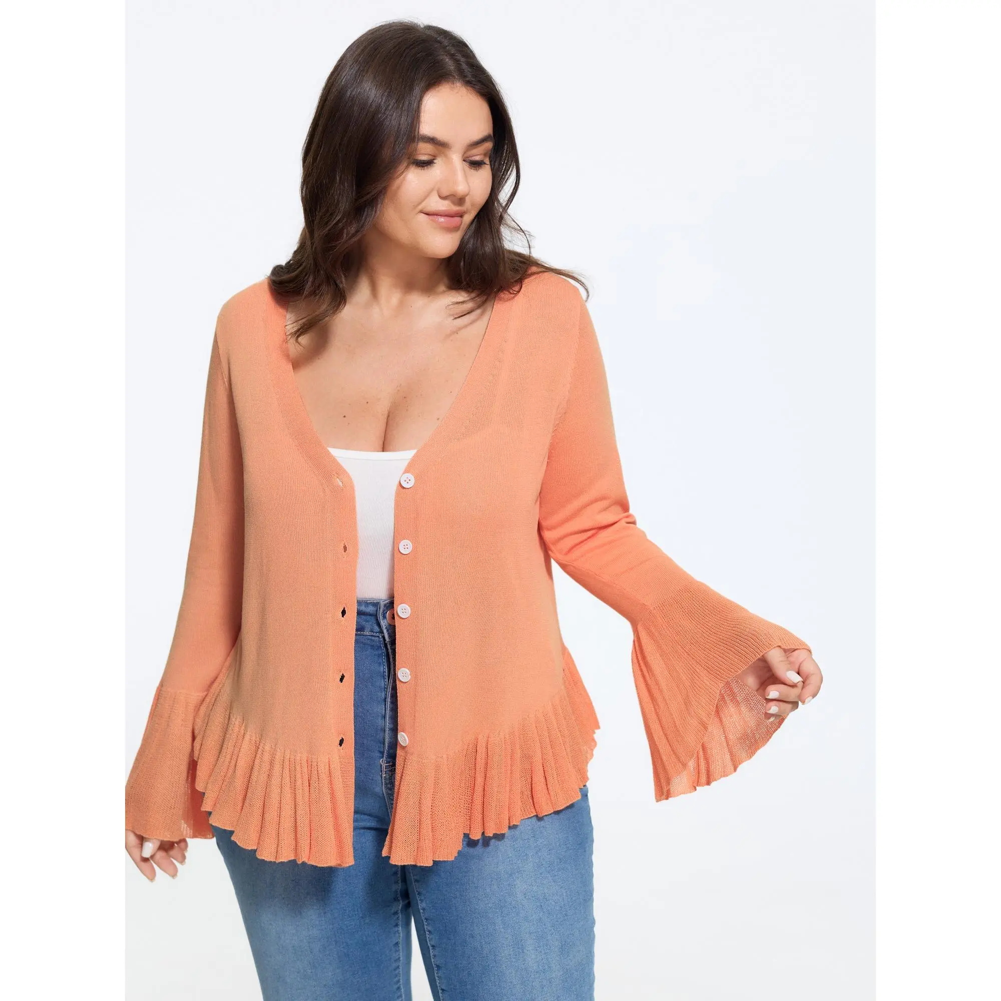 BloomChic Women's Plus Size Lightweight Knitwear Cardigan - Flared Sleeves, Ruffle Hem, Flat Fit, Breathable Fabric Garment - Size M-6X Summer Top, Tops
