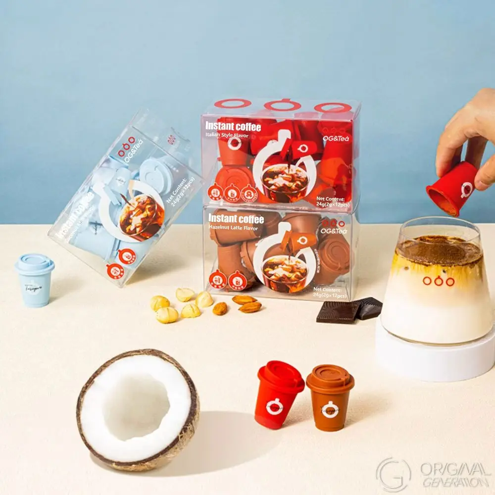 OGVIP Compact Instant Fresh Coffee 1 Carton 12 pcs Travel Cup Three Flavor Coconut Americano Hazelnut