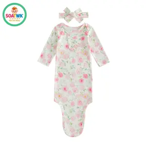 Newborn Sleeping Bags Floral Print Crew Neck Short Sleeve Knotted Swaddle Baby Girls Sleep Sack with Matching Headband