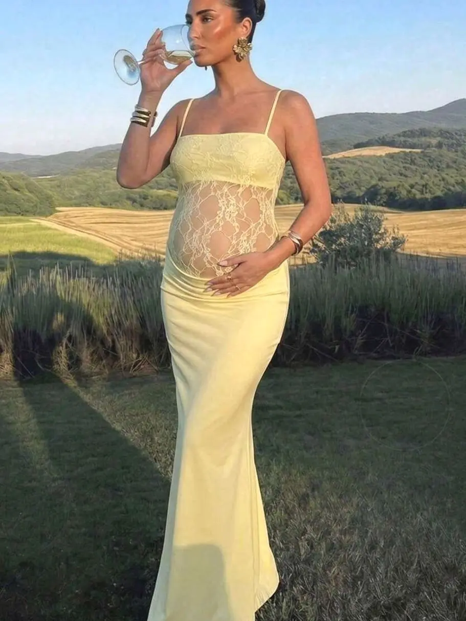 Maternity Lace Spaghetti Strap Fishtail Dress for Women, Sheer Belly Pregnancy Photoshoot Gown, Elegant Baby Shower Party Maxi Dress