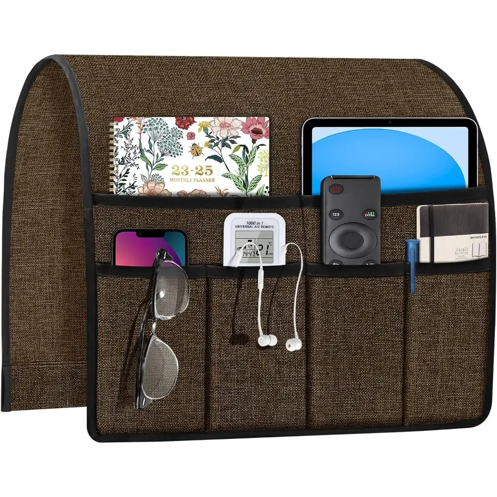 Linen Fabric 2-Layer Finish Adjustable Armchair Caddy - Home Organizer Storage Bag with 6 Compartments, Remote Control Holder, Under Sofa Cushion Fit for Bedroom Sofa, Office Recliner, Stores Daily Things, Colorfast, Durable, Shrink-Proof