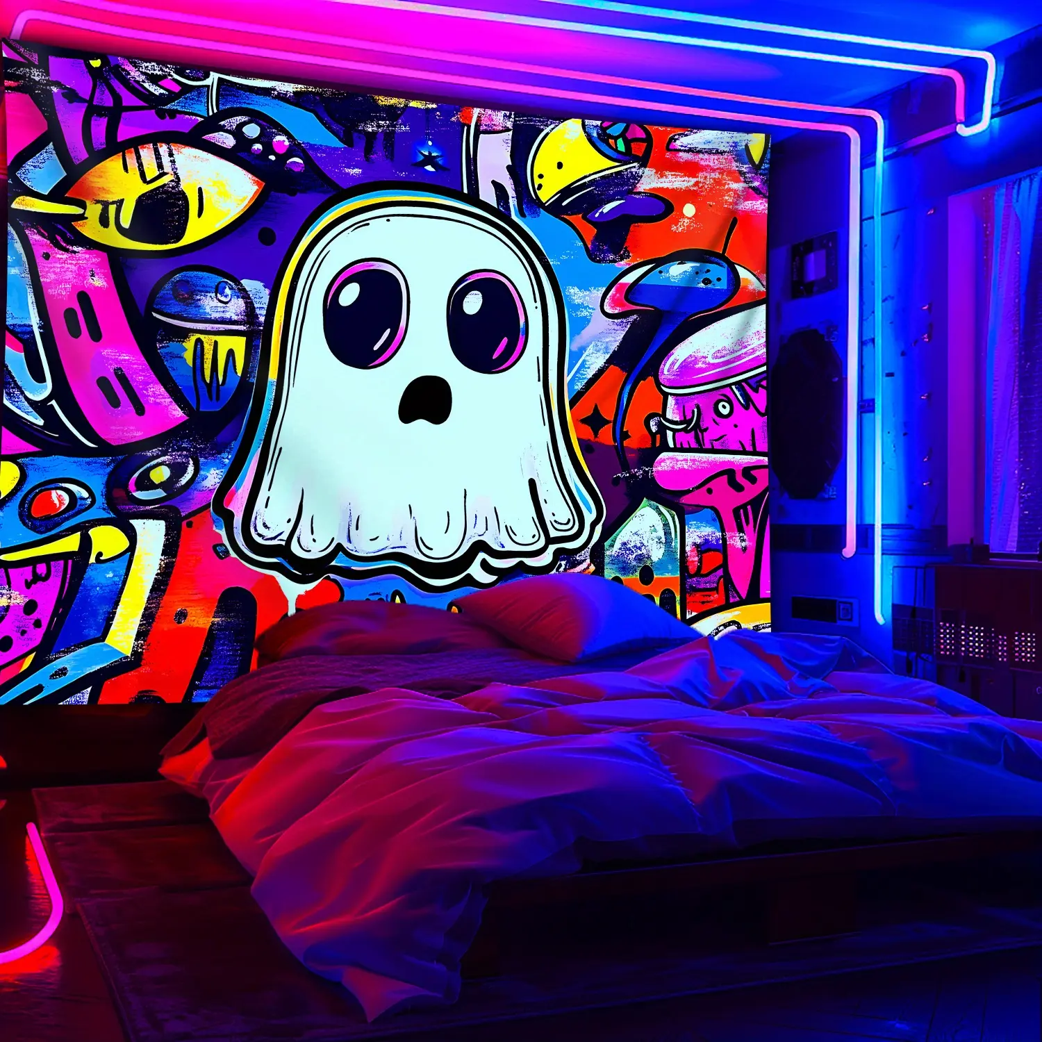 Tapestry60X40 In   Oversized Glow-in-the-Dark Tapestry - UV Reactive Fun Graffiti Art Wall Hanging, Premium Polyester Fluorescent Aesthetic Print for Bedroom, Party & Festival Decor, No Installation Needed, Indoor Decoration