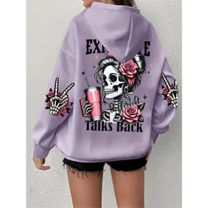 Plus Size Skull Print Drawstring Hoodie Casual Long Sleeve Hoodie For Fall & Winter Women's Plus Size Clothing Fabric Womenswear UC257825