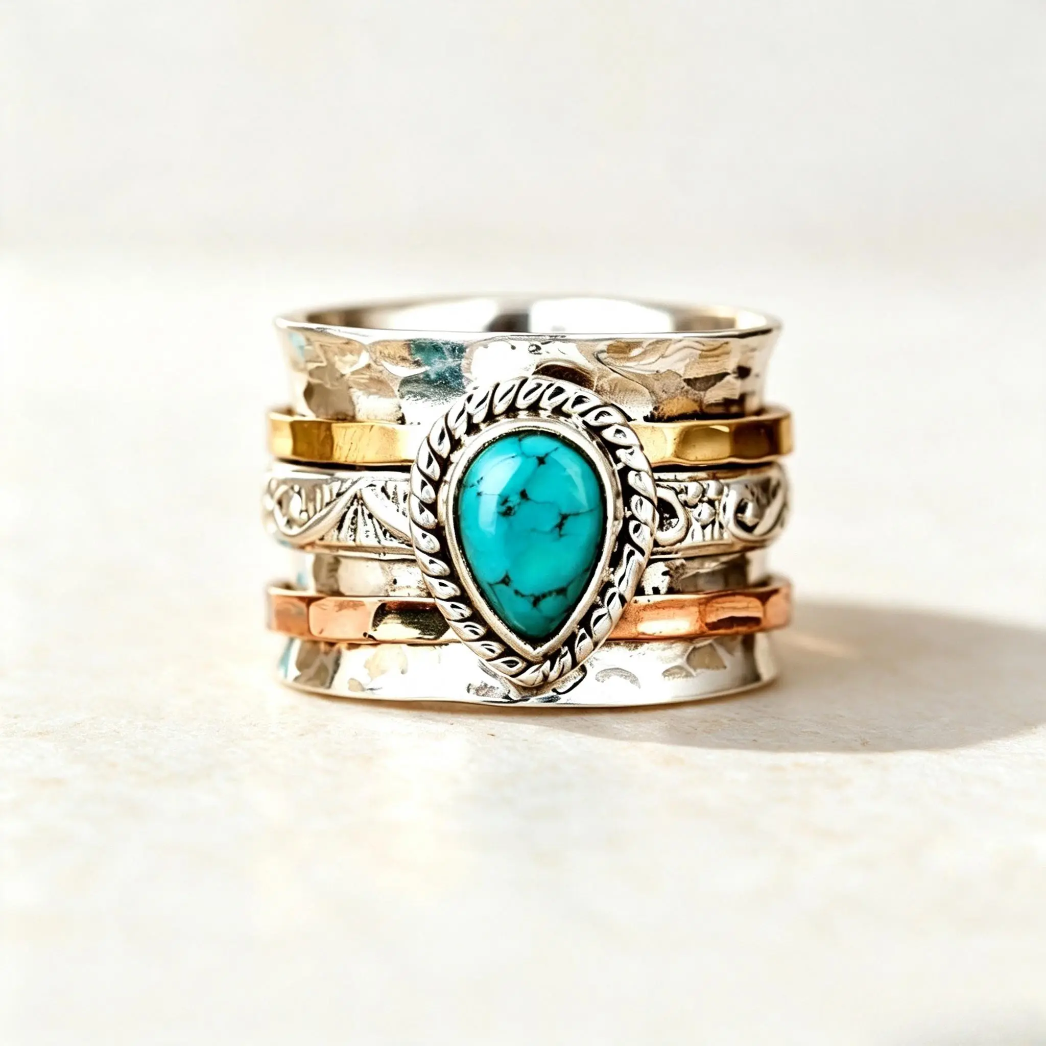 Boho Western Teardrop Turquoise Stackable Spinner Ring, Vintage Two Tone Silver Gold Copper Hammered Band, Ethnic Tribal Engraved Meditation Fidget Ring, Bohemian Natural Stone Statement Jewelry For Women