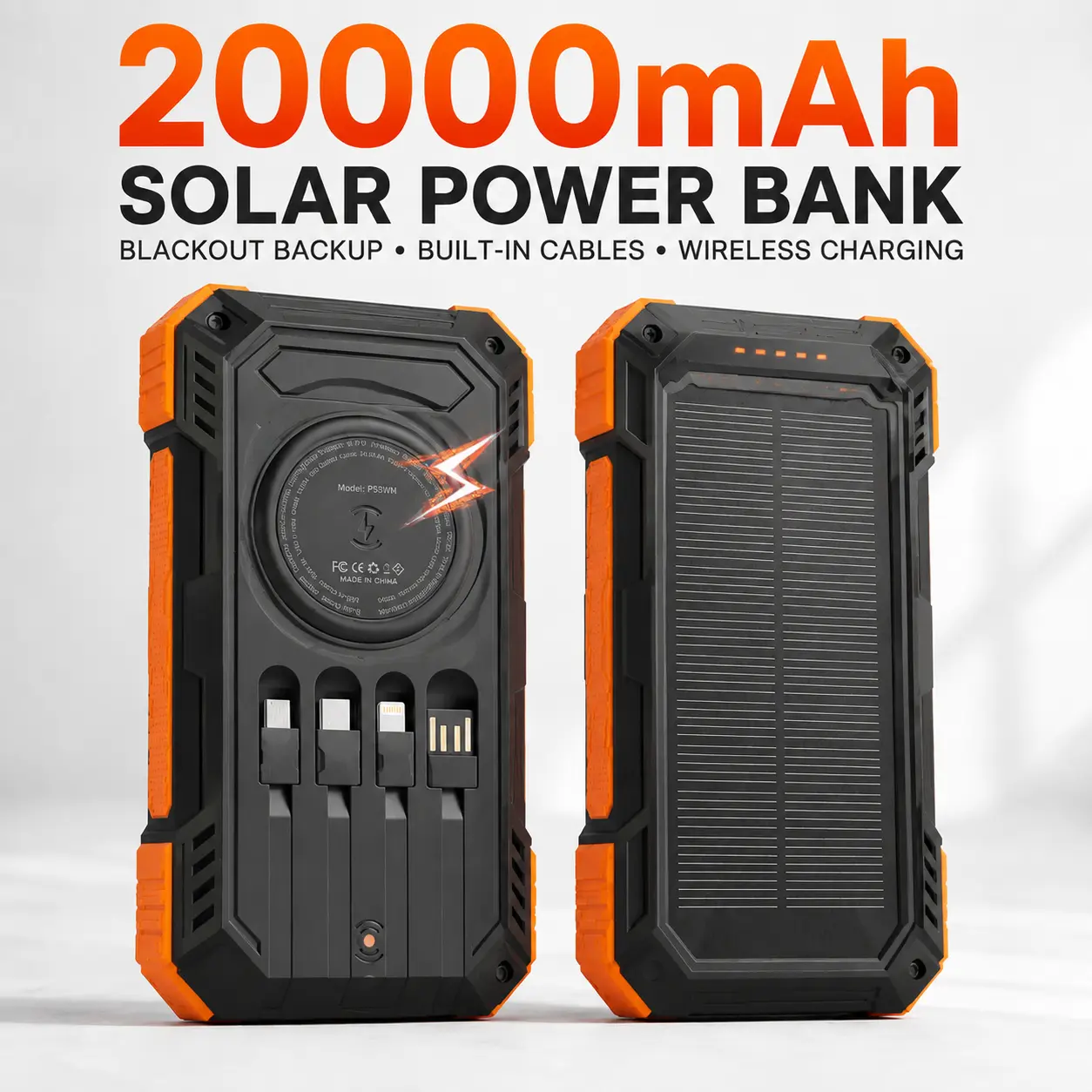 20000mAh Emergency Solar Power Bank, High‑Power Portable Battery Pack, QC3.0 18W Fast Charging USB‑C In/Out, 4 Outputs Dual LED Flashlights for iOS & Android Phones
