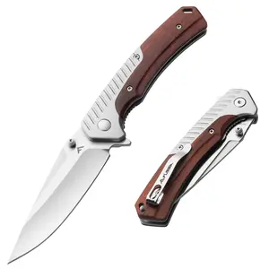 #fathersdaygift FLISSA Pocket Knife with 3.35" 14C28N Steel Blade, Liner Lock Folding Knife with Wood Handle for EDC, Camping, Hiking, Outdoor Activities, Gift for Men and Women
