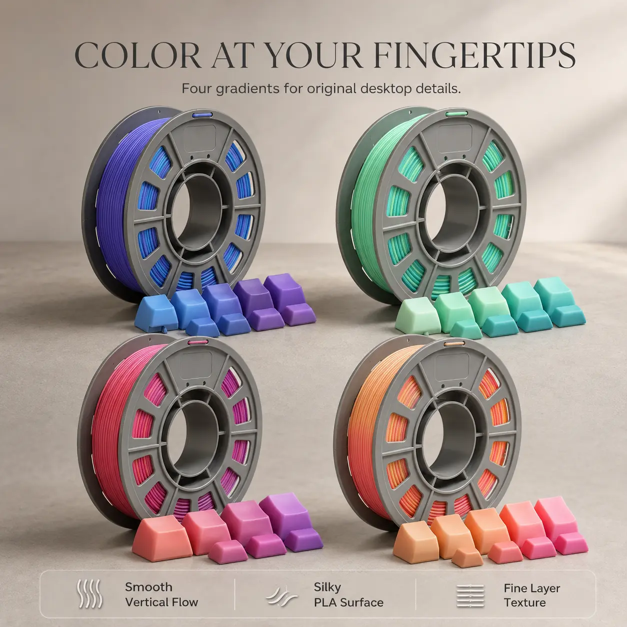 4 Pack Four Seasons Gradient PLA 1.75mm 3D Printer Filament, Spring Green, Summer Orange, Autumn Pink-Purple & Winter Blue Color Shift Spools, Tangle-Free Low Warp PLA for DIY Desk Decor & FDM 3D Printing Crafts 3d printers 3d printer smooth