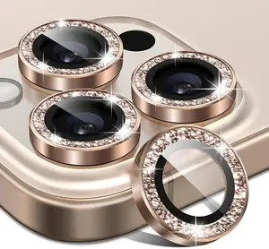 iPhone 16 Pro/iPhone 16 Pro Max Camera Lens Protector Glitter, Anti-Scratch Bling Ring Cover, Cute Girly Individual Tempered Glass with Metal Edging for Women, Desert Titanium Golden