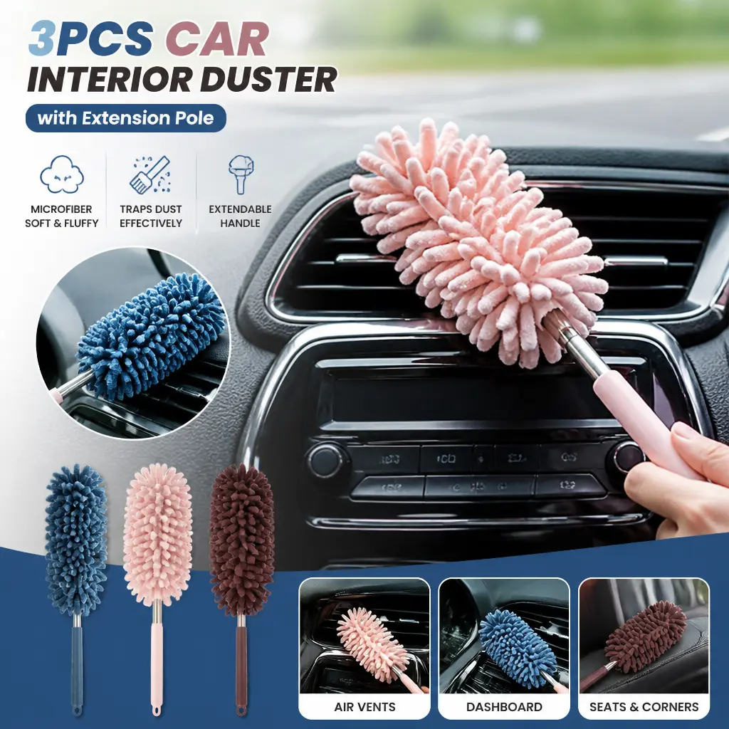3 Pack Extendable Car Cleaning Supplies - Auto Dust Brush with 11.8-30in Adjustable Handle, Bendable Microfiber Head, Detachable Parts, Scratch Free Surface Cleaner for Car Owners