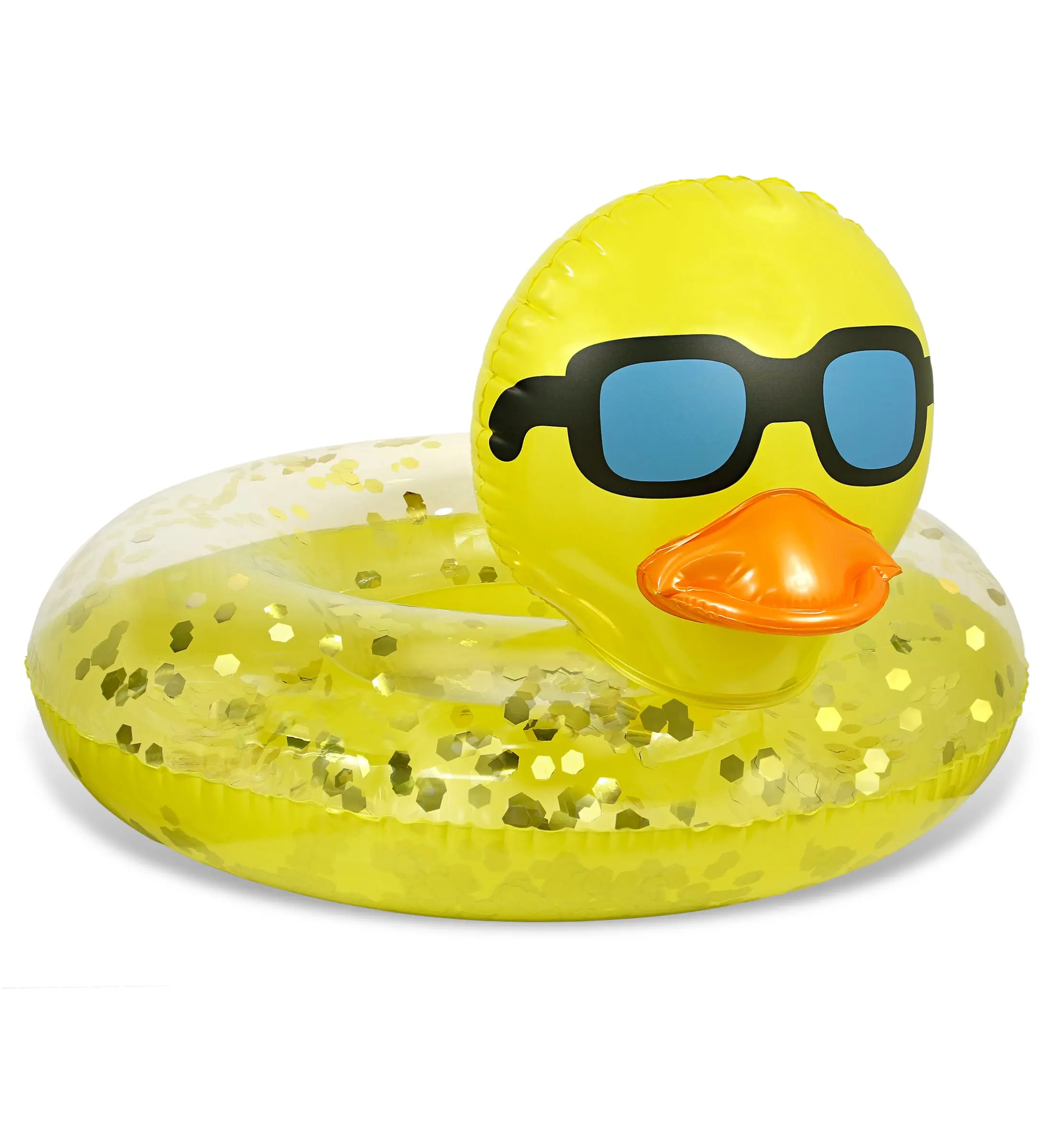POZA 36 Inches PVC Vinyl Inflatable Duck Pool Float - Animal Theme, Tear Resistant, Black Eyeglasses & Gold Confetti Design, for Adults & Ages 4+, Lake & Beach Water Play, Yellow Gold