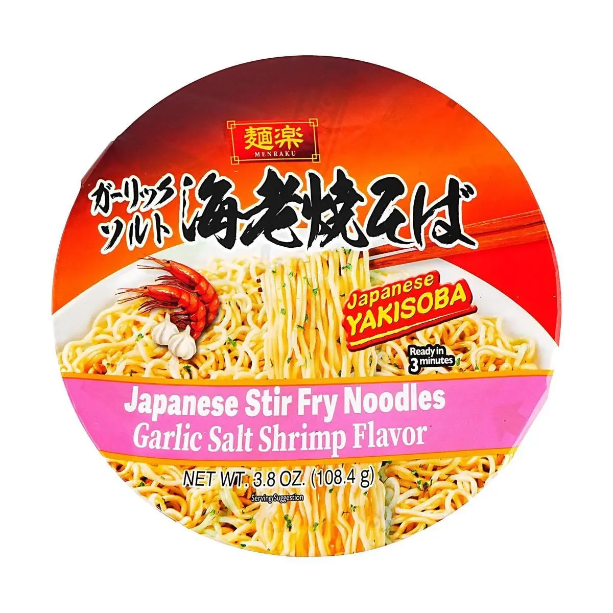 HIKARI Menraku Japanese Yakisoba Instant Noodles - Garlic Shrimp Flavor, Quick & Easy Yakisoba Meal (108g)