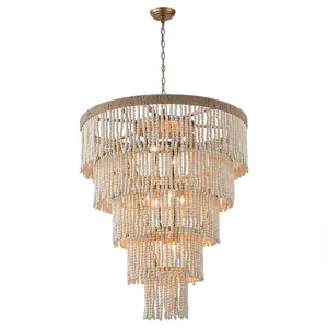 32 Inch Nelly 9-Light Bohemia Wood Beaded Chandelier Pendant Lights Ceiling Lighting